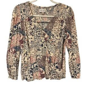 Knox Rose Womens Surplice Top Multi Color Floral Patchwork Small Boho Smocked‎